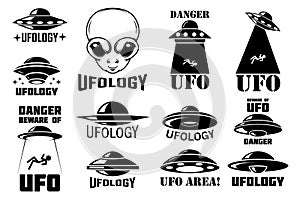 Set of emblems with ufo, alien. Ufology signs. photo