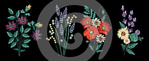 Set of embroidery bouquet on black background. Different flower compositions, wildflowers. Folk line trendy pattern for