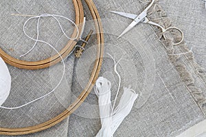 Set for embroidery, garment needle, thread, scissors and embroidery hoop