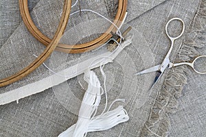 Set for embroidery, garment needle, thread, scissors and embroidery hoop