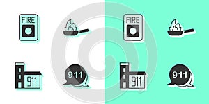 Set Emergency call 911, Fire alarm system, Building of fire station and Pan with icon. Vector