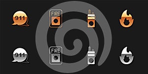 Set Emergency call 911, Fire alarm system, Walkie talkie and flame icon. Vector