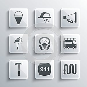 Set Emergency call 911, Fire hose reel, truck, Gas mask, Firefighter axe, cone bucket and Megaphone icon. Vector