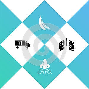 Set Emergency car, Runny nose, Kidney beans and Lungs icon. Vector