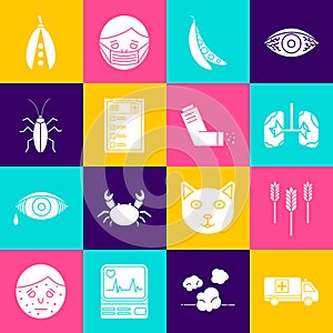 Set Emergency car, Wheat, Lungs, Kidney beans, Clinical record, Cockroach, and Inhaler icon. Vector