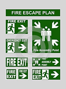 Set of emergency exit banners fire exit, emergency exit, fire assembly point, evacuation exit for fire escape plans