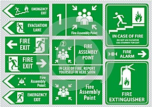 Set of emergency exit Sign (fire exit, emergency exit, fire assembly point)