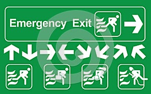 Set of emergency exit Sign : Green emergency exit sign on white , escape route signs , vector illustration