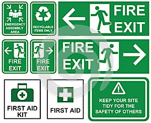 Set of emergency fire exit , emergency assembly area, first aid, recyclable items only green signs with different directions iso