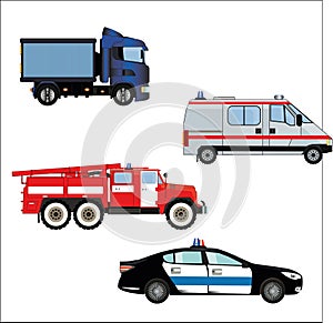 A set of emergency vehicles isolated on white background