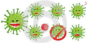 Set of emoji with coronovirus COVID-19. Evil smile, fear, surprise, fear, horror, crying, tears, question, forbidden