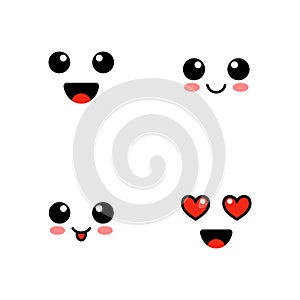 Set of emoji. Kawai cute faces. Funny emoticons. Flat icons. Vector illustration.