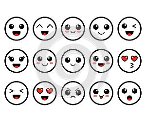 Set of emoji. Kawai outline faces. Cute moticons. Flat smileys. Vector illustration