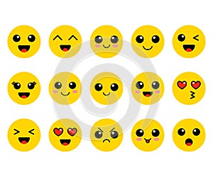 Set of emoji. Kawai yellow faces. Cute emoticons. Flat. Vector illustration. photo