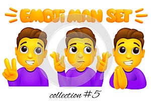 Set of emoji man characters. Cartoon style emoticon collection. Victory, confusing, pray gestures