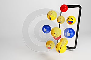 Set of Emojis, happy smiley design with mobile phone. 3d rendering photo