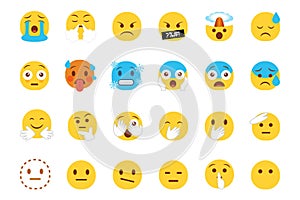 Set of emoticon smiley icons. Cartoon Emoji Set with smile, sad, happy, and flat emotion in flat style