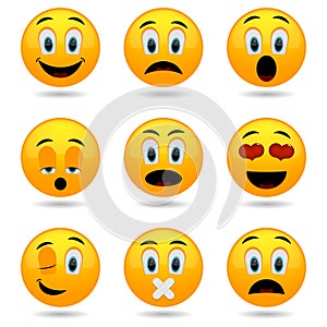 Set of Emoticons. Smile icons. Smiley faces. Emotional funny faces in glossy 3D.