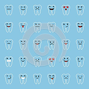 Set of Emoticons. Tooth character with different facial expressions, emotions. Flat design. Set of Emoji.