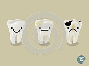 Set of emotion cartoon tooth including healthy tooth and decayed tooth