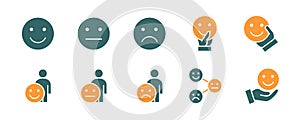 Set of emotion feedback colored icons. Testimonials, positive and negative emotions and more.