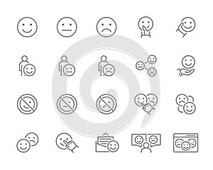 Set of emotion feedback line icons. Testimonials, smile, upset, emotionless face, positive and negative emotions and