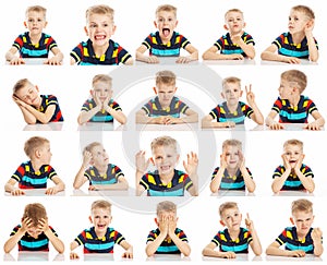 Set of emotional images of a boy with big blue eyes in a bright  T-shirt, collage, close-up, white background