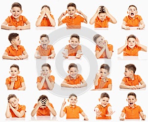 Set of emotional images of a boy in an orange T-shirt, collage, close-up, white background