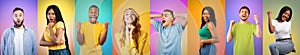Set of emotional people with euphoric and shocked face expressions celebrating success, colorful gradient backgrounds