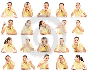 Set of emotional pictures of a teenager girl in a yellow T-shirt, collage. Close-up, white background