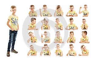 Set of emotional portraits of a cute school-age boy in bright clothes. Collage from different grimaces. Isolated white background