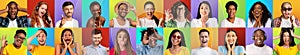 Set of emotional shots. Multiethnic people posing on colorful backgrounds