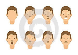 A set of emotions. 8 types of male faces. Different moods vector images.