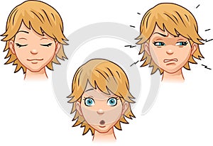 A set of emotions by a cute girl [calm, anger, surprise]. Vector illustration.