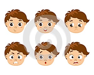A set of emotions, the face of a funny little boy with different emotions, joy, anger, resentment. Print, stickers for kids