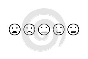 Set of emotions faces for feedback, user experience, satisfaction level.  Excellent, good, normal, bad, awful.