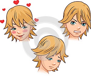 A set of emotions by a cute girl [in love, anger, sadness]. Vector illustration.