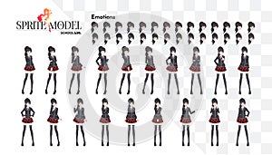 Set of emotions. Sprite full length character for game visual novel. Anime manga girl, Cartoon character in Japanese style. In a