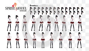 Set of emotions. Sprite full length character for game visual novel. Anime manga girl, Cartoon character in Japanese style. In a