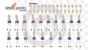 Set of emotions.Sprite full length character for game visual novel. Anime manga girl, Cartoon character in Japanese style.School