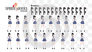 Set of emotions.Sprite full length character for game visual novel. Anime manga girl, Cartoon character in Japanese style.School