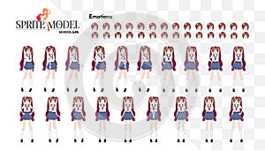 Set of emotions.Sprite full length character for game visual novel. Anime manga girl, Cartoon character in Japanese style.School