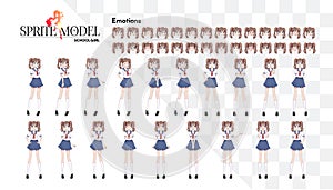 Set of emotions.Sprite full length character for game visual novel. Anime manga girl, Cartoon character in Japanese style.School