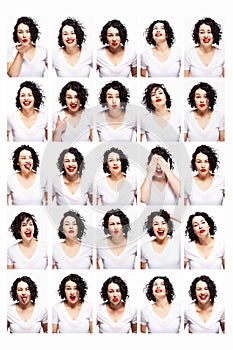 Set of emotions of a young beautiful woman. Bright brunette with curly hair and red lipstick. White background.