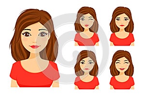 Set of emotions. Young cute girl shows different emotions. Flirting, kissing, angry, funny, unhappy