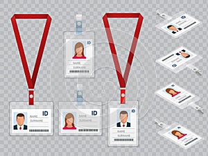 Set of Employees Identification White Blank Plastic Id Cards with Clasp and Lanyards Isolated Vector Illustration