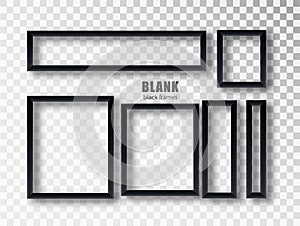 Set empty black picture frames. Blank black picture frames mockup template isolated on transparent background. Vector collection