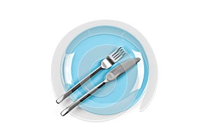 Set of empty blue plate, fork and knife on white background