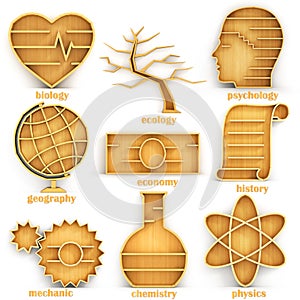 Set of empty bookshelves in the form of directions science.