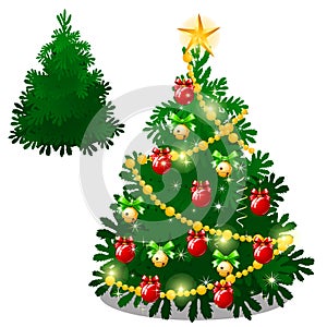 Set of empty and brightly decorated Christmas tree with baubles isolated on white background. Sketch of festive poster